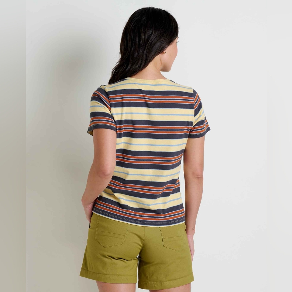 Toad & Co Women's Grom V-Neck Short Sleeve Tee Shirt Size M In Straw Stripe NWT - Picture 2 of 8